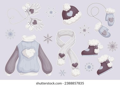 A set of stickers for fur, winter, knitted clothes, accessories and shoes. Vector graphics.