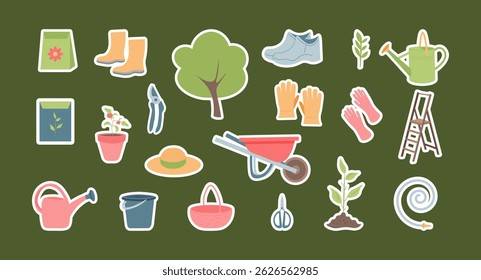 A set of stickers for garden tools, highlighted on a green background. the concept of gardening and agriculture. Vector flat illustration