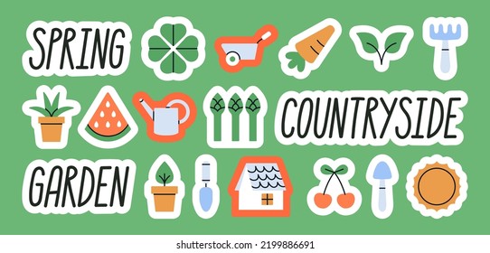 Set of stickers with gardening symbols and hand drawn lettering. Spring time. Rural lifestyle and nature concept. Vector illustration. Cute style in trendy colors. For web and typographic design.