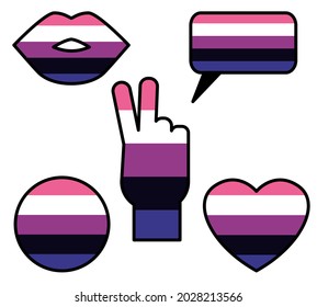 Set of stickers with Gender fluid flag. Heart, lips, message, hand and circle. Flat style icons for print.
