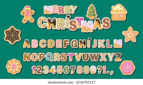 Set of stickers. Gingerbread cookies depicting letters. Gingerbread man, gingerbread cookies in the form of a house, Christmas tree, star, snowflakes. Vector