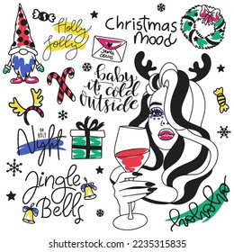 Set of stickers with a girl with bright makeup and holiday decorations, holiday doodle set, postcard trend