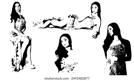 Set of stickers of a girl in a dress. Symbols with different body poses. Position of face, torso, arms and legs. Halftone silhouettes. Icons for messages, atmosphere creation, website, avatars. Vector