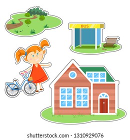 Set of stickers with the girl, house, bus stop, forest and clearing. Summer, green, bright, cartoon, for children