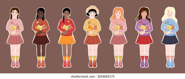 A set of stickers with girls with braces in full growth of different races with books. Cute girls school girls of different nationalities hold books in their arms. Vector illustration.
