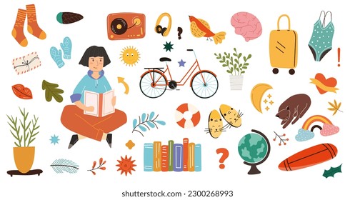Set of stickers for girls. Child with book sits next to warm socks and gloves. Books and globe, swimsuit and lifebuoy. Envelope and lips. Cartoon flat vector illustrations isolated on white background