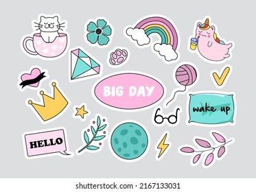 Set of stickers for girls. Collection of cute icons for website, tenderness and care. Dreams and fantasy, animals, plants and dishes. Cartoon flat vector illustrations isolated on grey background