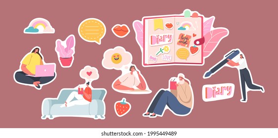 Set of Stickers . Girls Writing Memoirs into Cute Diary. Female Characters with Notebook. Teenagers Sitting on Floor, Couch or Desk Put Notes in Notepads. Cartoon People Vector Illustration, Patches