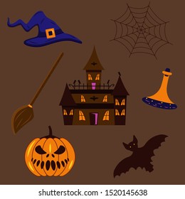 Set of stickers, gloomy castle, witches hat, broom, magic potion, spider's web, pumpkin jack, bat. Halloween vector cartoon illustration