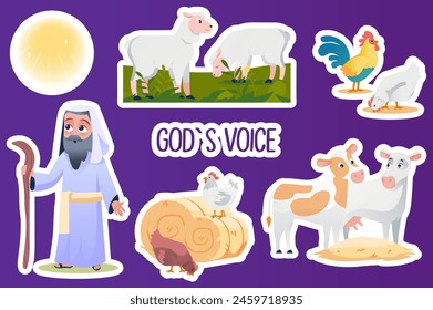 Set of stickers God's voice in flat cartoon design. These stickers are made in a charming bright style depicting the biblical character Abraham and his domestic animals. Vector illustration.