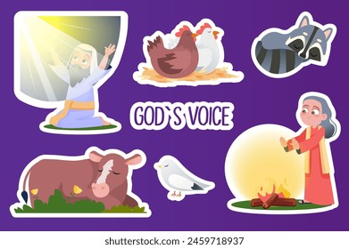 Set of stickers God's voice in flat cartoon design. This image depicts the peaceful life of a woman, domestic animals, and God's appeal to Abraham. Vector illustration.