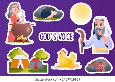 Set of stickers God's voice in flat cartoon design. This vivid illustration shows a set of stickers depicting the life of Abraham and his wife. Vector illustration.