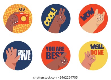 Set of stickers Good job stickers in flat cartoon design. Stickers depicting support and motivation are featured in this illustration and designed in a warm color palette. Vector illustration.