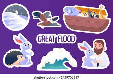 Set of stickers Great flood in flat cartoon design. This set of stickers depicts the scene of the great flood described in the Bible. Vector illustration.