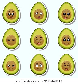 Set of stickers green avocado with kawaii emotions. Flat vector illustration of an avocado with emotions On a white background.
