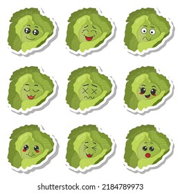 Set of stickers green cabbage with kawaii emotions. Flat vector illustration of a cabbage with emotions On a white background.