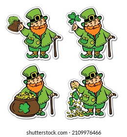 Set of stickers with green Patrick in rufous beard_hat and coins and a cane congratulates on cloverleaf