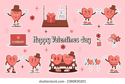 Set of stickers Groovy lovely cartoon characters Heart and elements. Retro Happy Valentines Day. Trendy retro 60s 70s style. Red, pink colors. Vector illustration