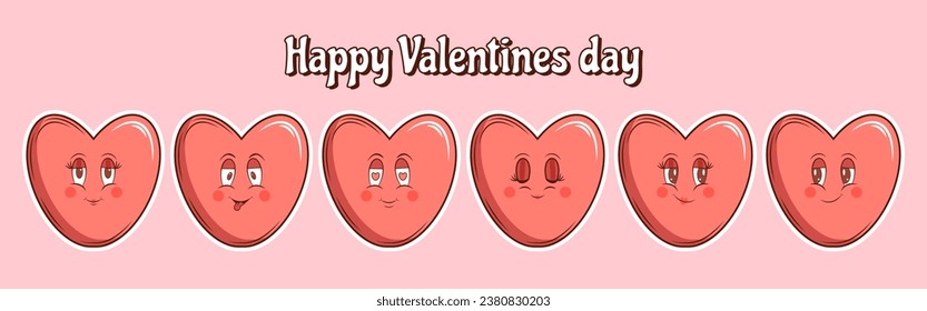 Set of stickers Groovy lovely cartoon face characters Heart. Retro Happy Valentines Day. Trendy retro 60s 70s style. Red, pink colors. Vector illustration