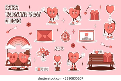 Set of stickers Groovy lovely cartoon characters Heart and elements. Retro Happy Valentines Day. Trendy retro 60s 70s style. Red, pink colors. Vector illustration