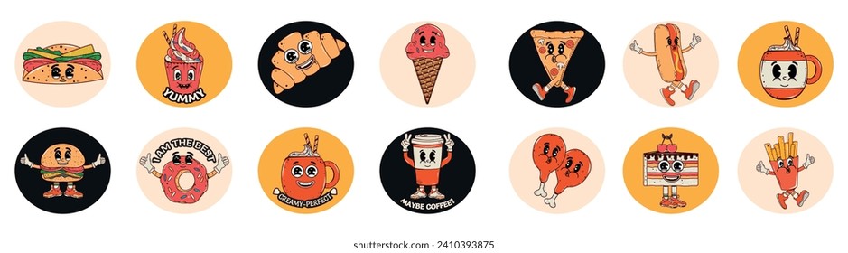Set of stickers in groovy style. Food, drinks, hot dogs, pizza, burger, cocktails, cake, croissant, donut, chicken fries, coffee, tacos. Vector stock illustration. Isolated. Hippie. Psychedelic. Retro
