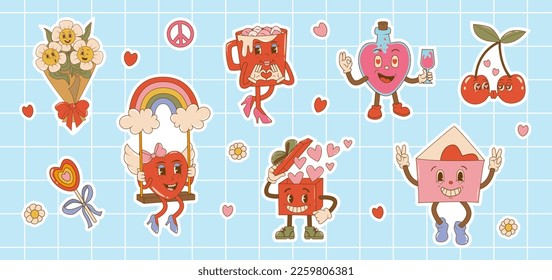 Set stickers groovy valentines day cartoon characters in 60s - 70s retro style. Vintage comic vector