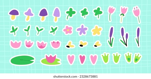 Set with stickers with gybes, flowers, reeds, marsh, lilies. Funny hand-drawn style characters. Vector illustrations isolated on checkered blue background