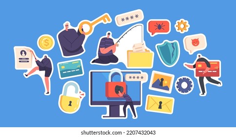 Set of Stickers Hacker Attack, Phishing, Stealing Personal Data, Spoofing in Internet. Cyber Security Concept. Bulgar Characters Steal Data Online. Computer, Key, Lock, Shield. Cartoon Vector Patches