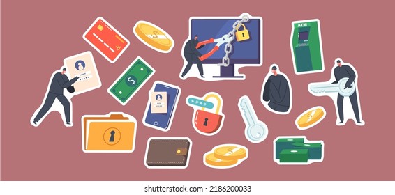 Set of Stickers Hackers And Cyber Criminals Phishing, Anonymous Characters Stealing Private Personal Data, Credentials, Password, Bank Document, Attacking Pc and Mobiles. Cartoon Vector Illustration