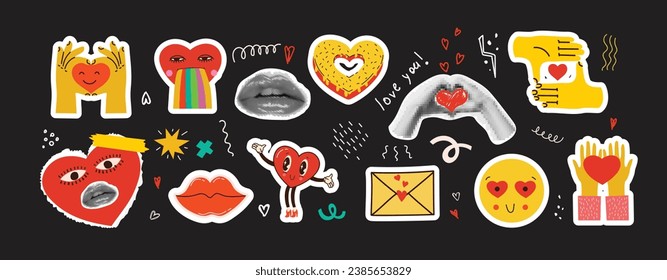 Set of stickers with halftone collage in contemporary punk grunge style for Valentine's day isolated on the background. Fun badges in retro style. Vector pictures of hearts, lips and other