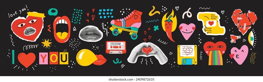 Set of stickers with halftone collage in contemporary punk grunge style for Valentine's day isolated on the background. Fun badges in retro style. Vector pictures of hearts, lips and other