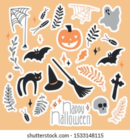 Set of stickers for halloween. Beautiful design with pumpkins, black cat, hat, broom, autumn leaves, ghosts, skull, crosses and handwritten lettering