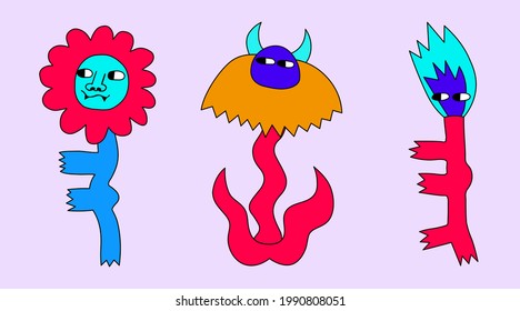 set of stickers for halloween - character monster flower and light.Psychedelic plants with eyes, horns and fangs Zombie stickers in funky 70s and 80s style.Bizarre quirky All Saints' Eve day