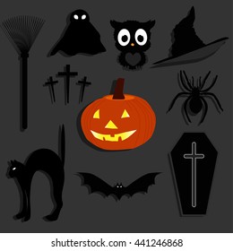 set of stickers for Halloween. Collection of labels and patterns for holiday decorations. Baby vector illustration. Elements for greeting or invitation. cat, owl, pumpkin, bat, witch hat,  and other