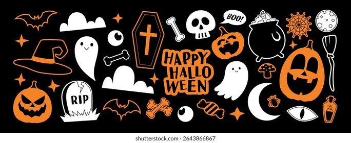Set of stickers for Halloween design. Vector illustration with adhesive film with Halloween symbols in y2k style for decoration banner, poster, social media, web. Retro stickers.