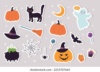 A set of stickers for Halloween. Ghost, hat, broom, black cat, pumpkins, potion pot, candy. Suitable for greeting card, posters, tags, sticker set. Flat cartoon vector illustration.