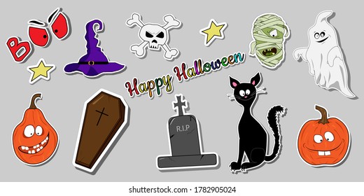 Set of stickers for the Halloween holiday. Vector illustration for icon printing, scrapbooking, and other design.