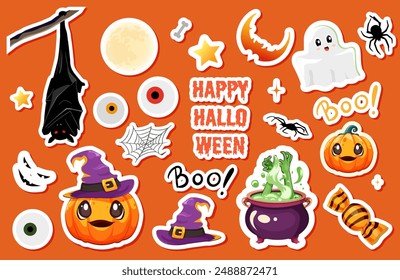 Set of stickers for Halloween. Stickers, icons,Set of stickers for Halloween. Stickers, pumpkin, hat, potion, cobweb, bat, moon, ghost, boo, eyes