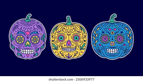 Set of stickers with Halloween pumpkins with faces  of  traditional mexican  holiday  Day of the dead.