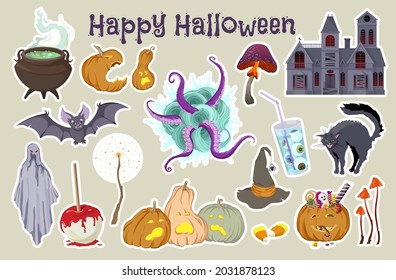 A set of stickers for Halloween. Pumpkins; witch's cauldron, cat, hat, magic wand; sweets; ghost, mushrooms, bat, scary house. Hand drawn vector illustration isolated on background.