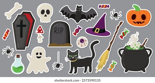 Set of stickers for Halloween with spooky ghost, skull and bone, pumpkin, bat, spider, black cat, cauldron with potions, grave, broom, witch hat, candies and coffin