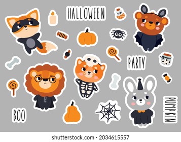 A set of stickers for Halloween. Vector illustration with animals and objects for the holiday