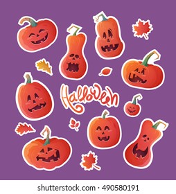 Set of stickers for Halloween. Vector illustration of pumpkins. Stickers can be used for advertising, parties, press.