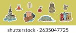 Set of stickers hand drawing, line art simple art, Turkish, Istanbul landmarks, symbols, famous places. Collection of isolated Vector illustrations.