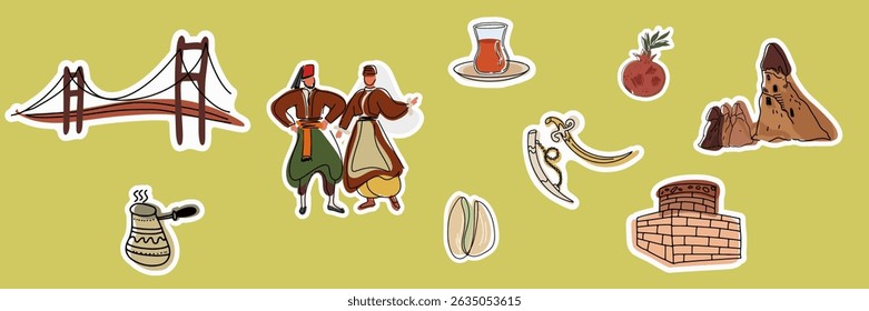 Set of stickers hand drawing, line art simple art, Turkish, Istanbul landmarks, symbols, famous places. Collection of isolated Vector illustrations.