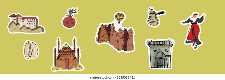 Conjunto de adesivos desenho à mão, arte simples de arte em linha, turco, monumentos de Istambul, símbolos, lugares famosos. Coleção de ilustrações isoladas de vetor.