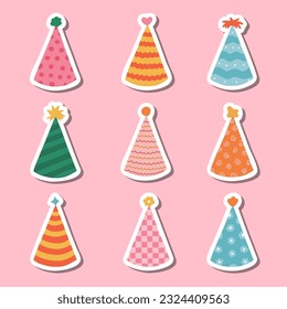 Set of stickers with hand drawn birthday doodle for planners, notebooks. Ready for print list of cute stickers with party cone and Christmas cap. Simple birthday party hat in bright color.