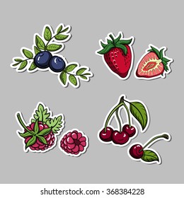 Set of stickers with hand drawn bright berries. Vector illustration.