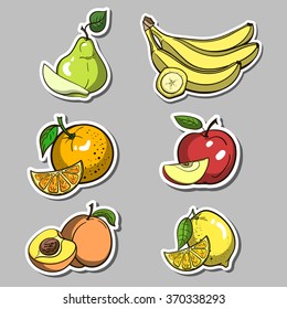 Set of stickers with hand drawn bright fruits. Vector illustration.