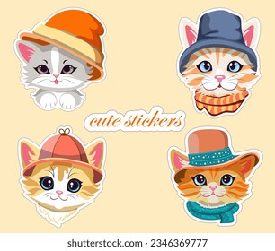 Set of stickers hand drawn cartoon adorable kittens in funny hats. Isolated items for design, printing, greeting cards, scrapbooking. Vector illustration drawing kittens head. 